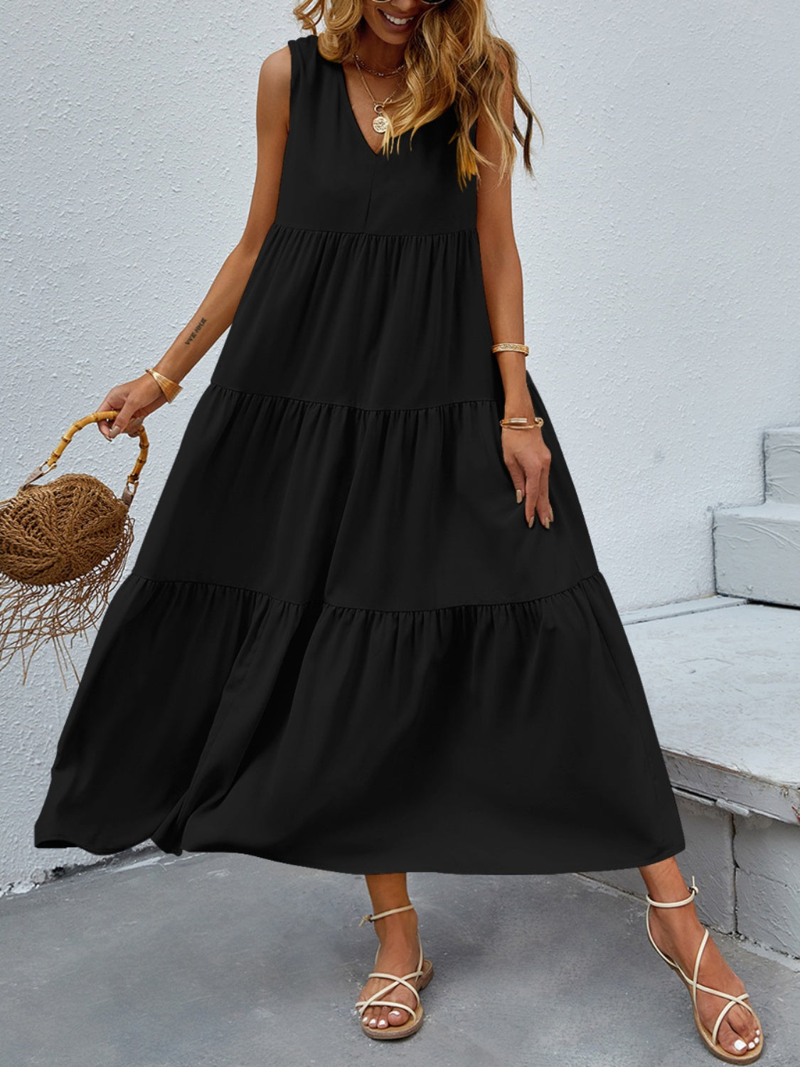 Boho Chic  Tiered V-Neck Sleeve Dress [Spirit and Rebel] Black S 