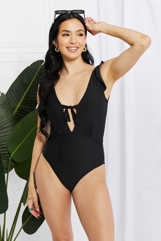 Marina West Swim Seashell Ruffle Sleeve One-Piece in Black Sunset and Swim Black S