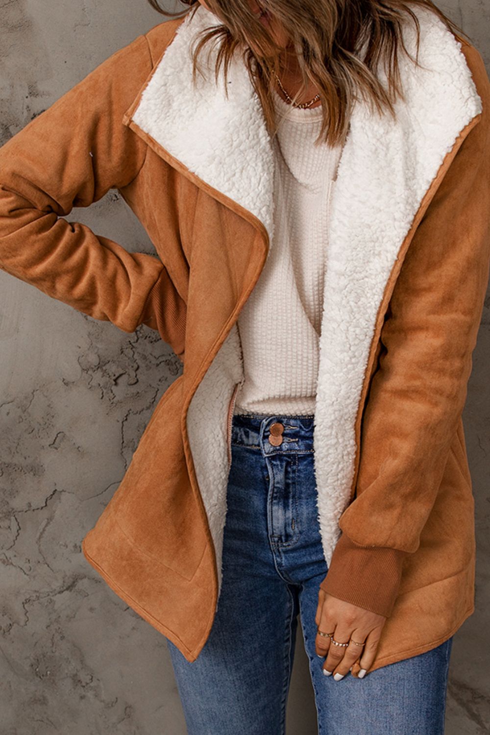 Open Front Long Sleeve Sherpa Jacket [Spirit and Rebel] Caramel S