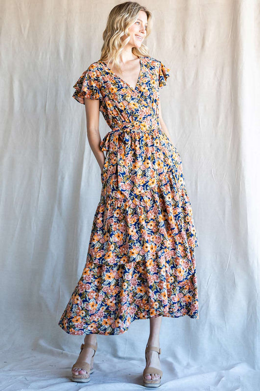 Cotton Bleu by Nu Label Floral Ruffled Midi Boho Dress - Spirit and Rebel [Spirit and Rebel] Navy S 