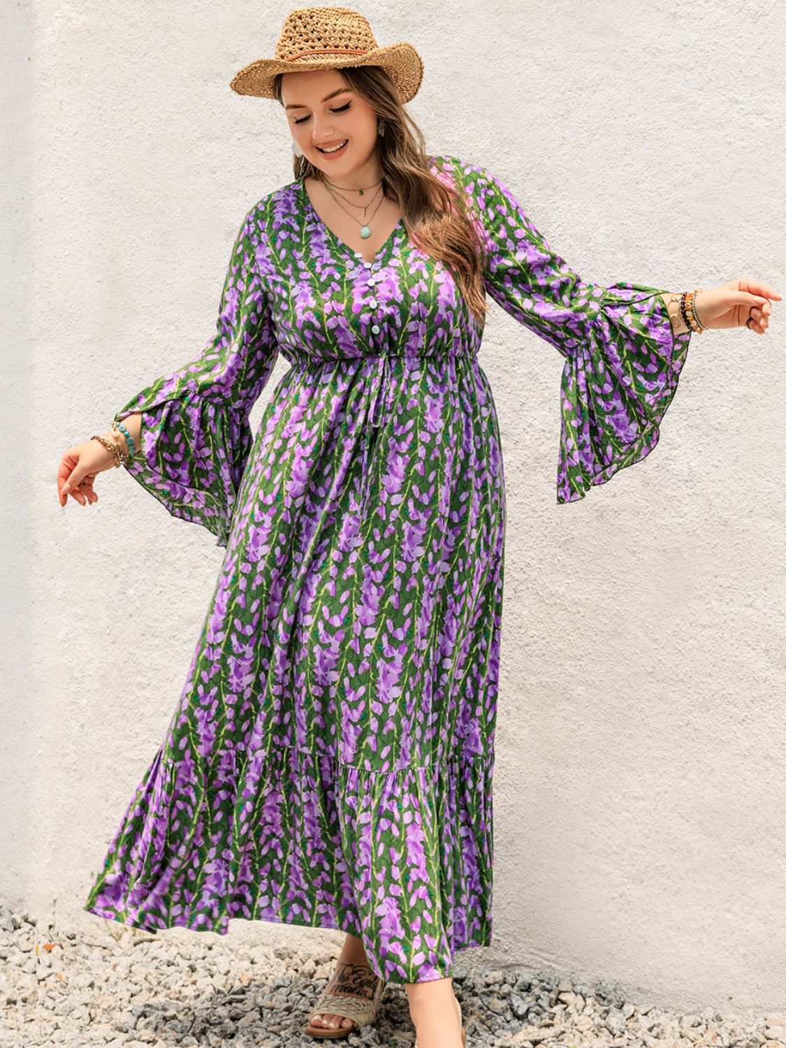 Plus Size Printed V-Neck Long Sleeve Maxi Dress - Spirit and Rebel [Spirit and Rebel]   