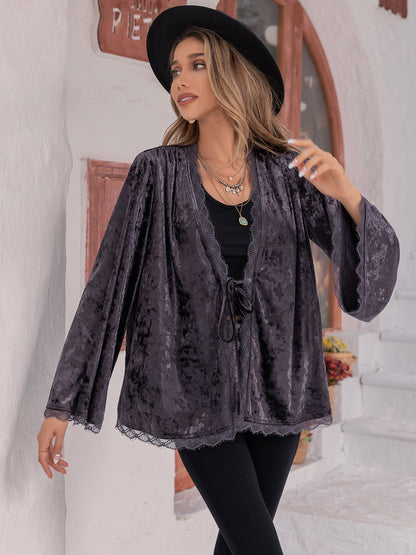 Tied Lace Detail Long Sleeve Boho Cardigan