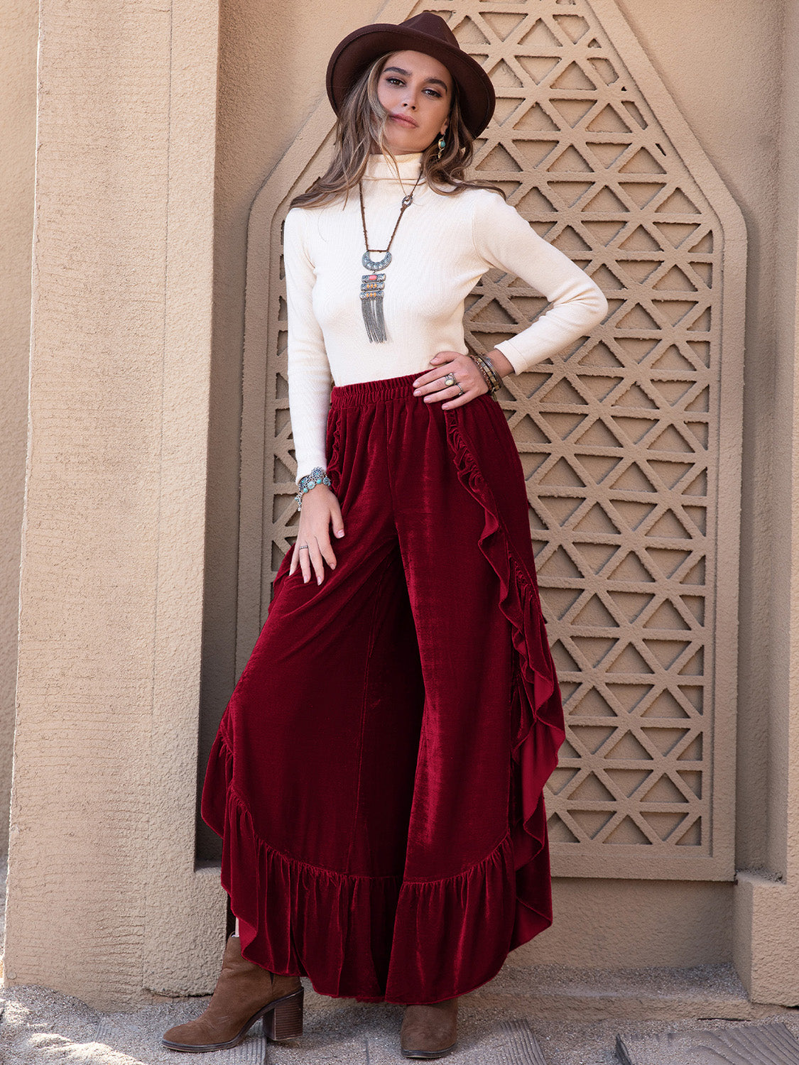 Slit Ruffled Wide Leg Boho Pants - Spirit and Rebel [Spirit and Rebel]   