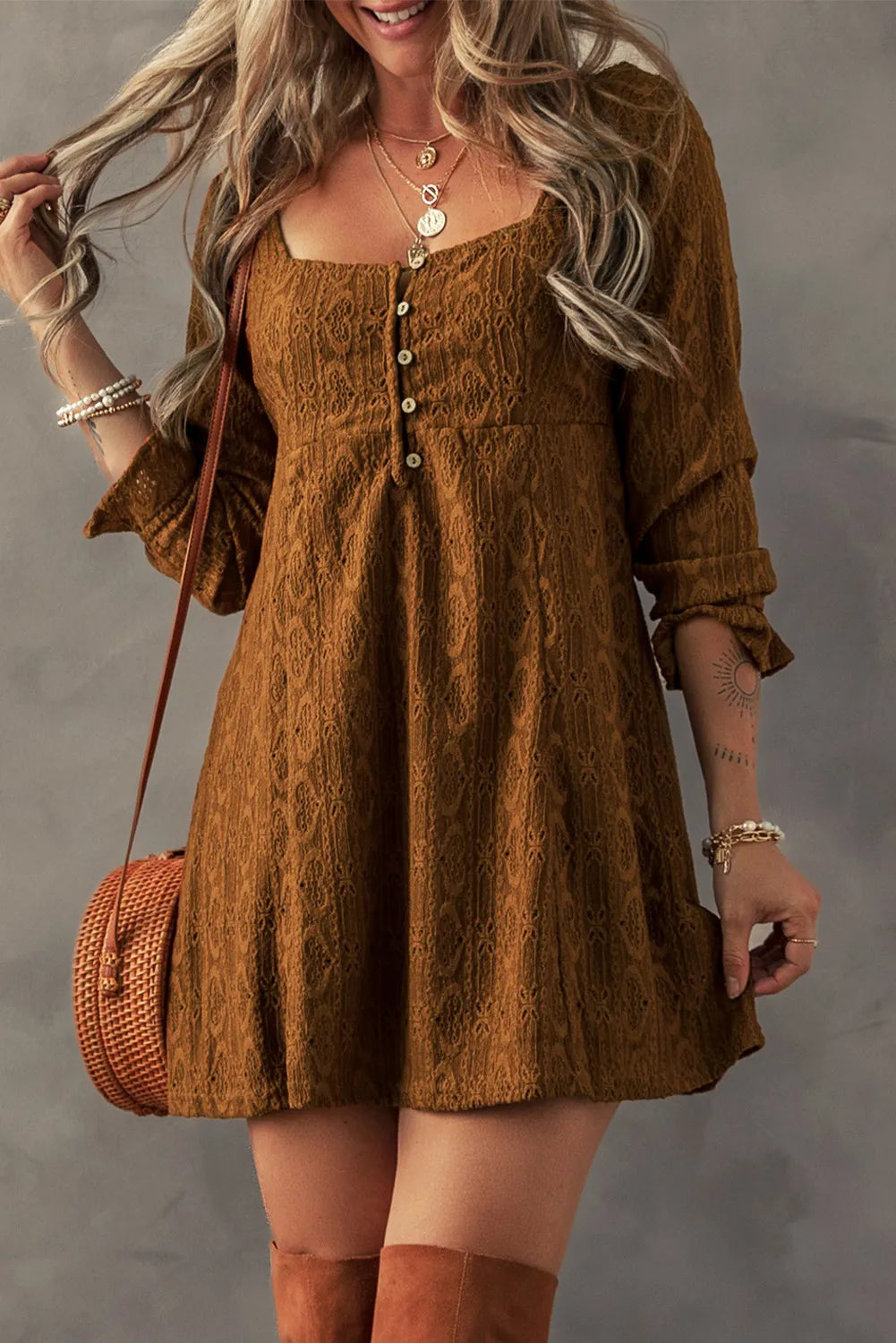 Textured Square Neck Mini Dress - Spirit and Rebel [Spirit and Rebel] Caramel S 