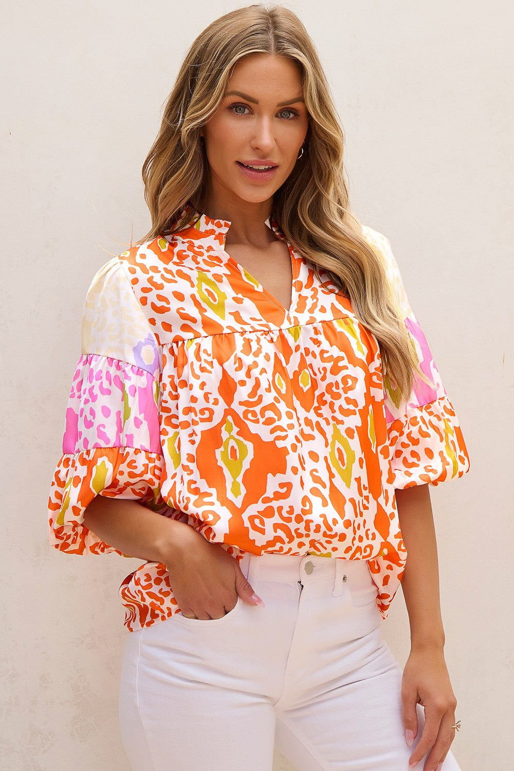 Printed Notched Half Sleeve Boho Blouse - Spirit and Rebel [Spirit and Rebel]   