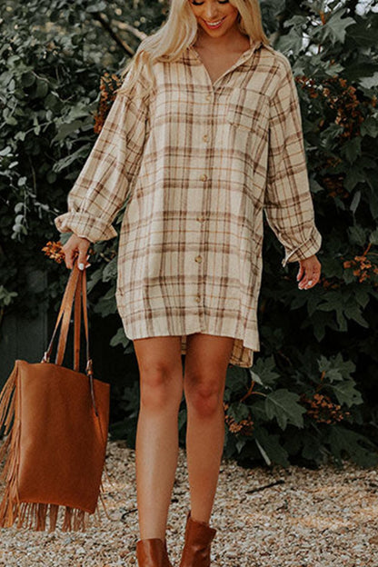 Plaid Collared Neck Long Sleeve Mini Shirt Dress [Spirit and Rebel]