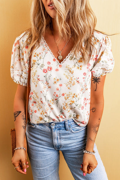 Printed V-Neck Puff Sleeve Boho Blouse [Spirit and Rebel]   