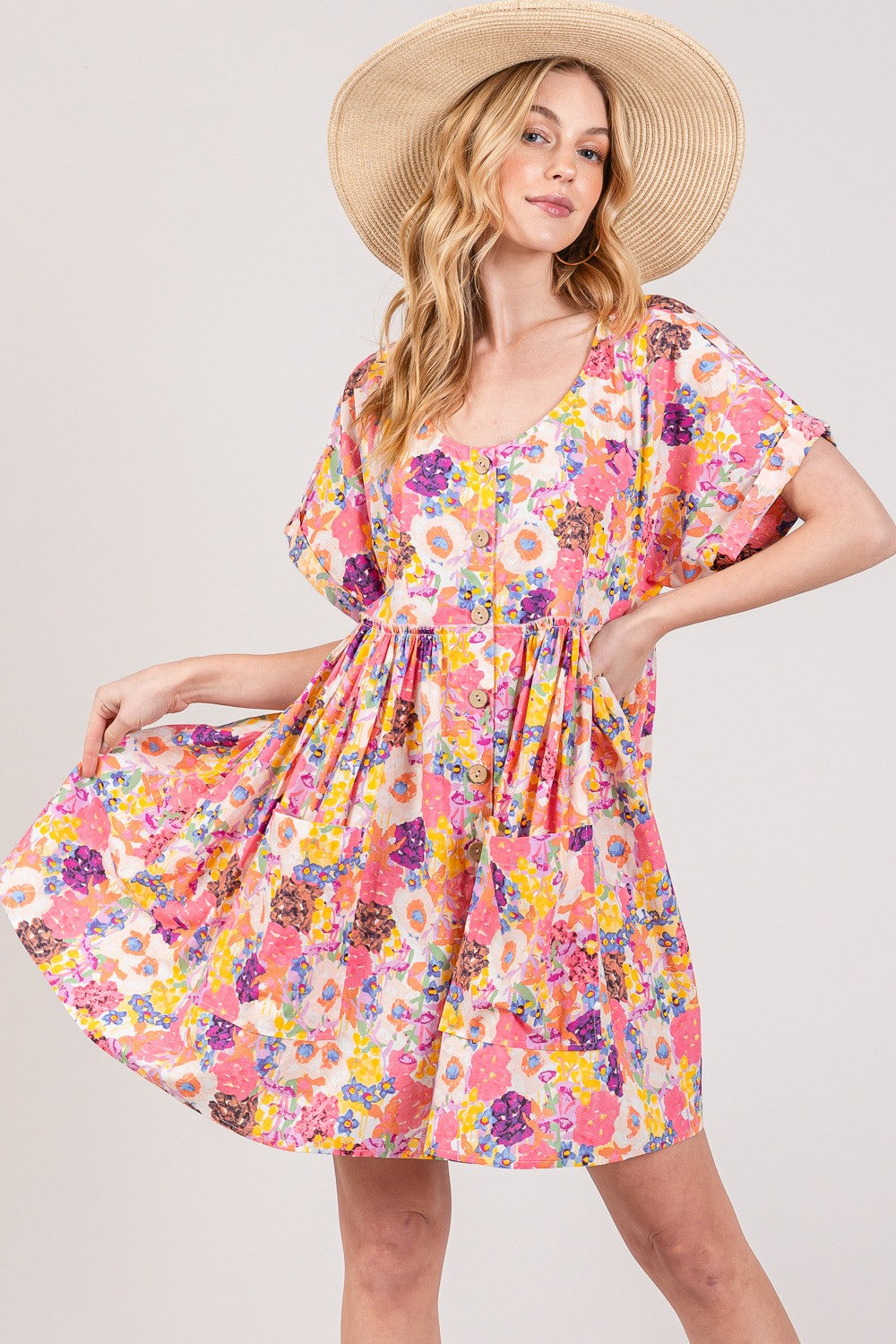 Floral Short Sleeve Babydoll Boho Dress with Pockets - Spirit and Rebel [Spirit and Rebel] Multi S 