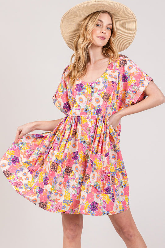 Floral Short Sleeve Babydoll Boho Dress with Pockets - Spirit and Rebel [Spirit and Rebel] Multi S 