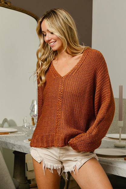 V-Neck Cable Knit Boho Sweater - Spirit and Rebel [Spirit and Rebel]   