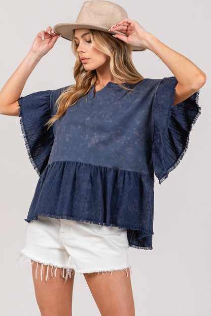 Ruffle Sleeve Washed Short Sleeve Boho Blouse - Spirit and Rebel [Spirit and Rebel] Navy S 