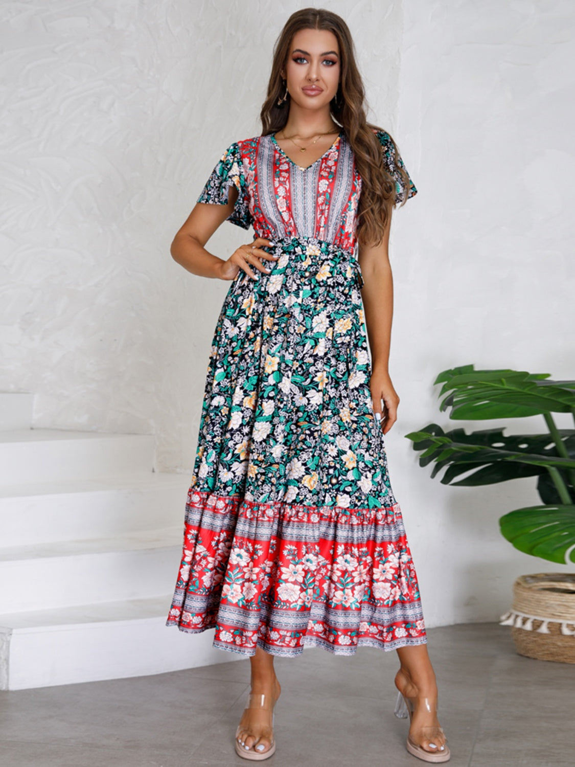 Tied Printed V-Neck Short Sleeve Boho Wedding Guest Dress [Spirit and Rebel]   