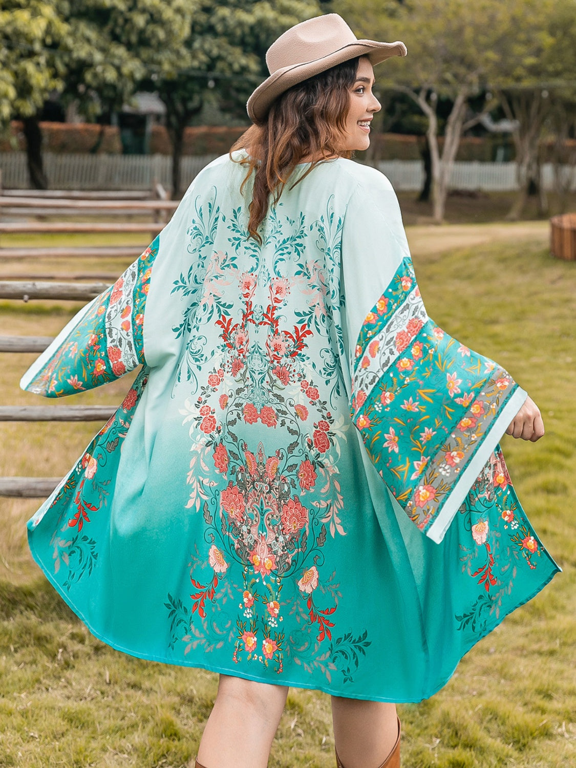 Plus Size Printed Open Front Long Sleeve Boho Cover Up - Spirit and Rebel [Spirit and Rebel] Turquoise 1XL 