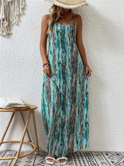 Plus Size Printed Scoop Neck Maxi Boho Cami Boho Dress - Spirit and Rebel [Spirit and Rebel] Turquoise S 