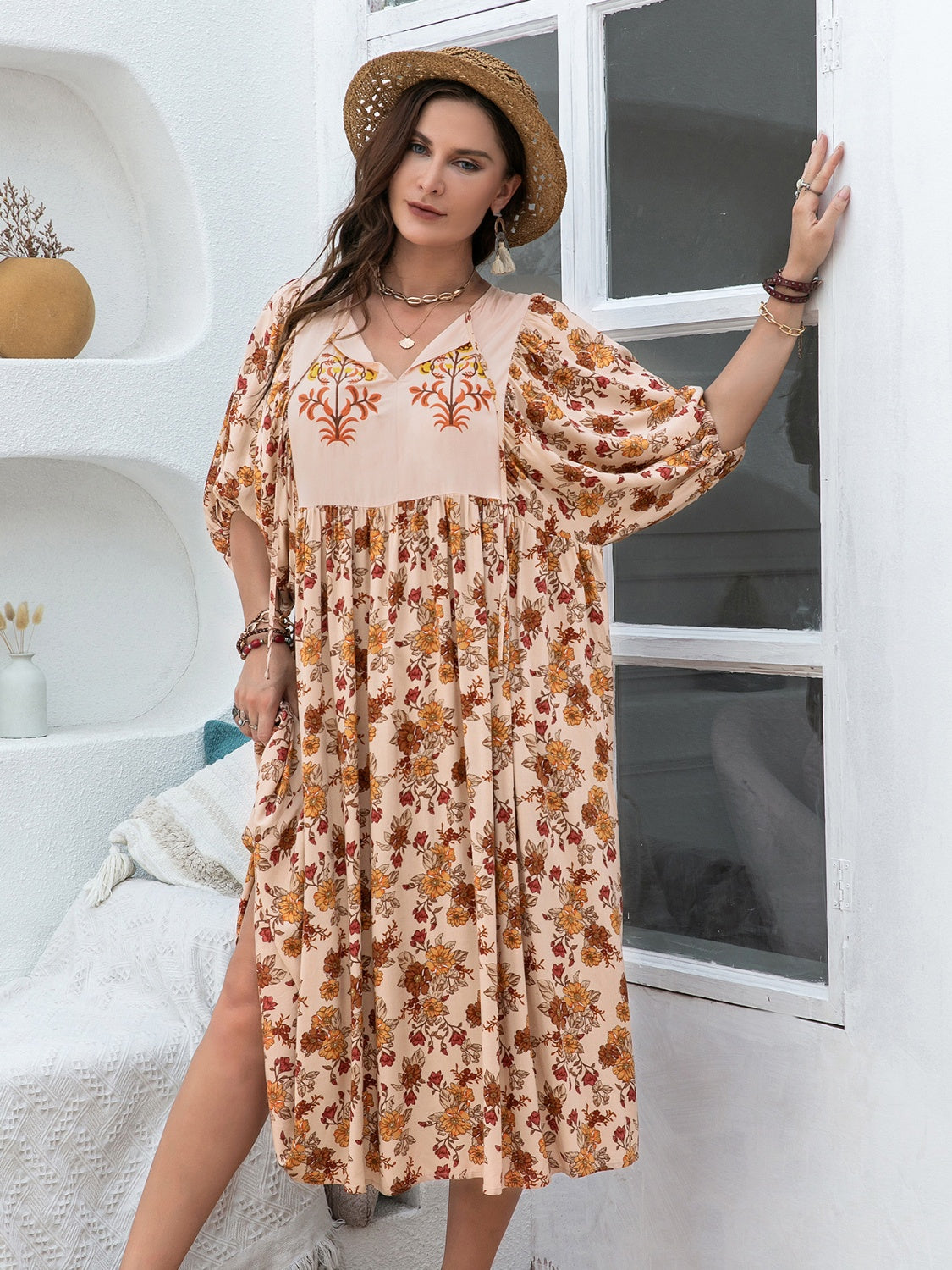 Plus Size Printed Tie Neck Half Sleeve Midi Boho Dress - Spirit and Rebel [Spirit and Rebel]   