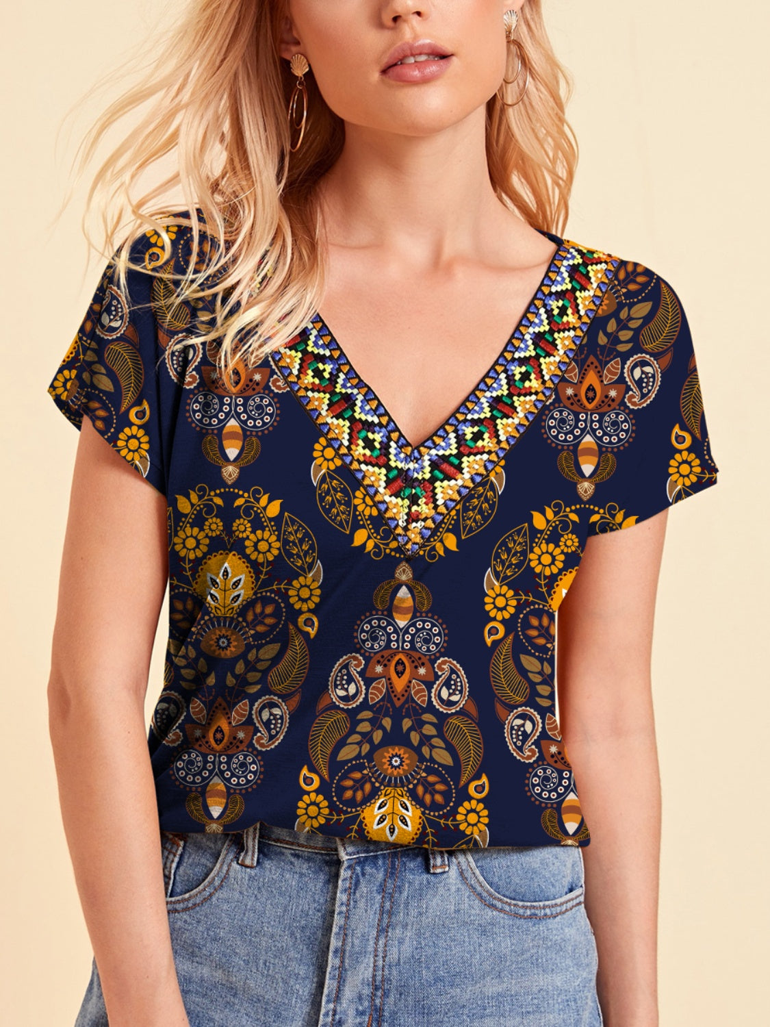 Printed V-Neck Short Sleeve Boho T-Shirt [Spirit and Rebel] Multicolor S 