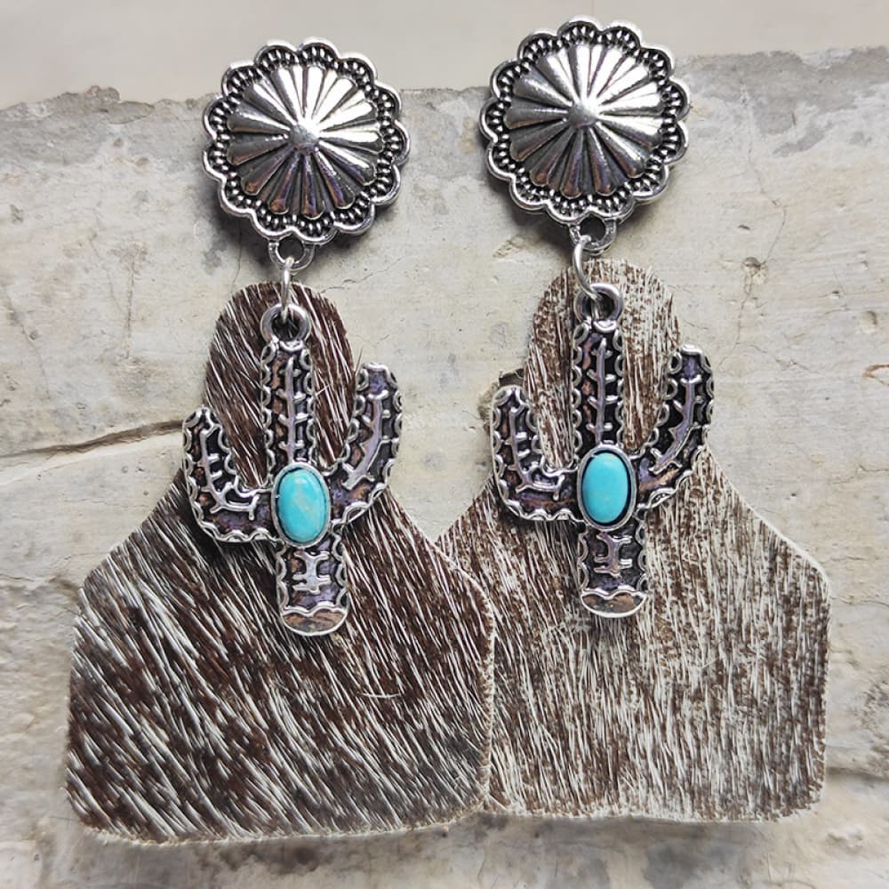 Turquoise Decor Cactus Alloy Boho Western Earrings [Spirit and Rebel] Style G One Size 