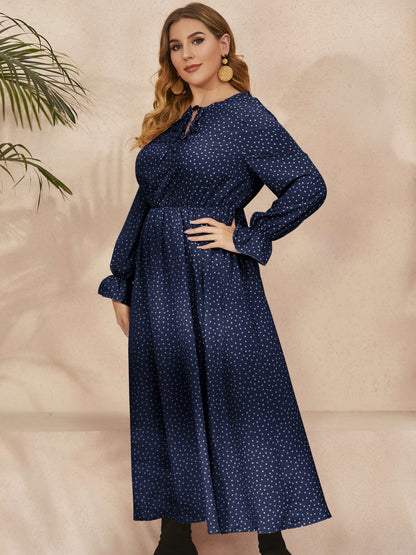 Plus Size Ruffled Polka Dot Long Sleeve Midi Dress - Spirit and Rebel [Spirit and Rebel]   