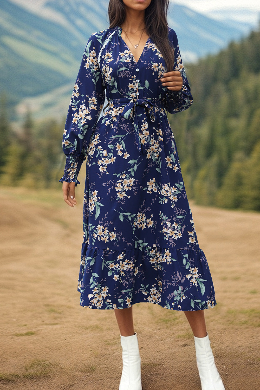 Printed Notched Lantern Sleeve Boho Midi Dress [Spirit and Rebel]   