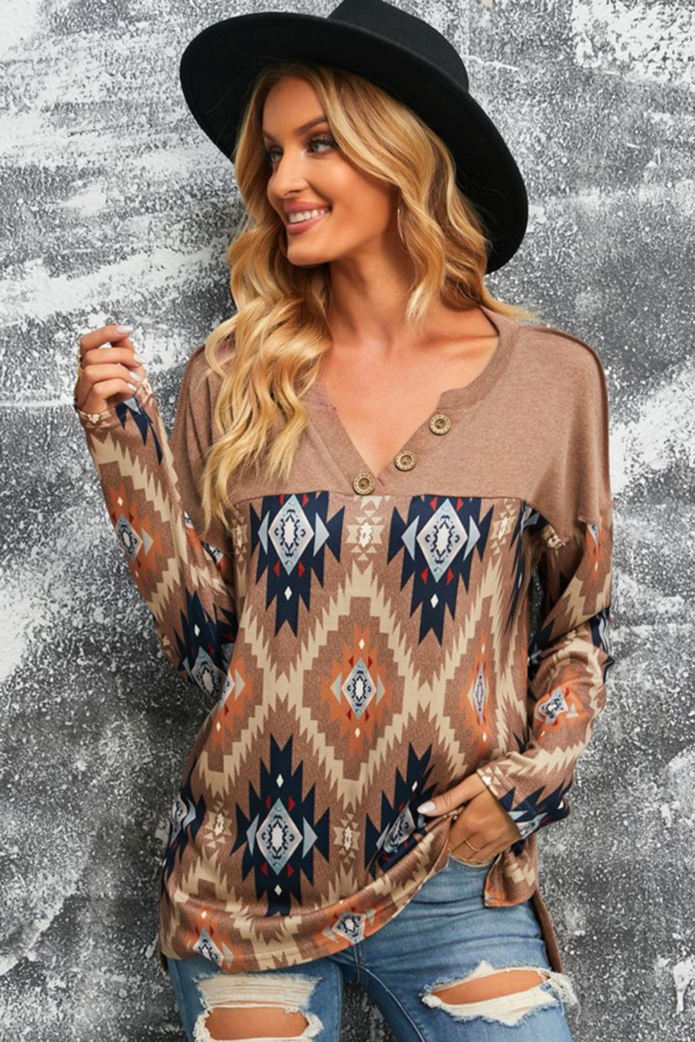 Brown Western Print Buttoned V Neck Top [Spirit and Rebel] Taupe S 