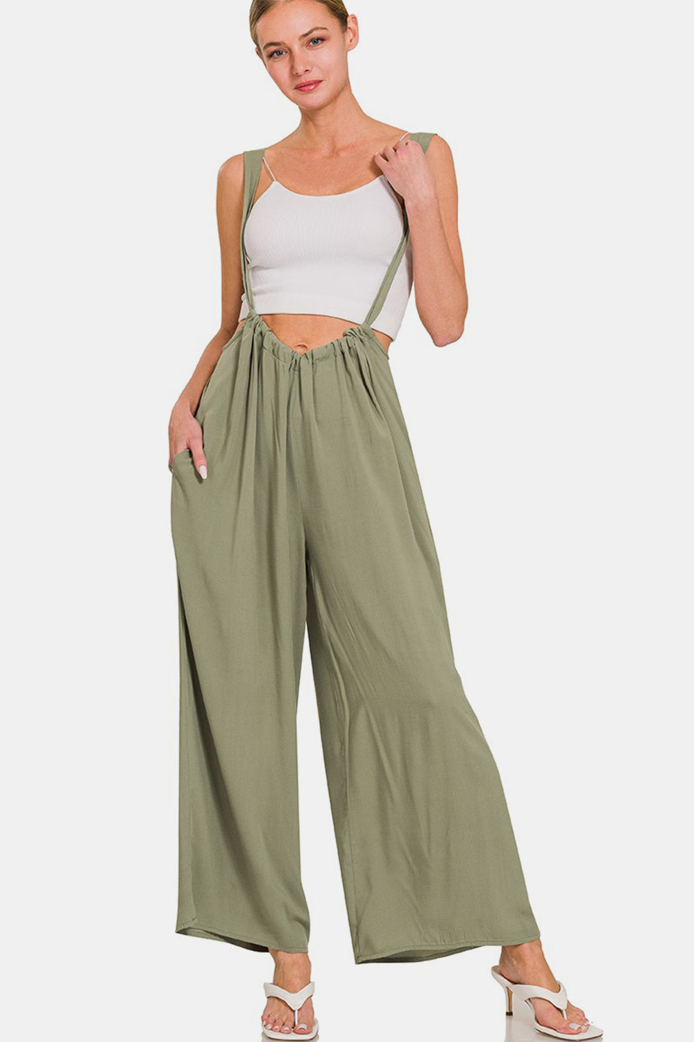 Pocketed Wide Strap Wide Leg Overalls - Spirit and Rebel [Spirit and Rebel] Lt Olive S 