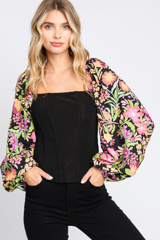 Spirit and Rebel Plus Size Floral Balloon Sleeve Boho Blouse [Spirit and Rebel] Black S 