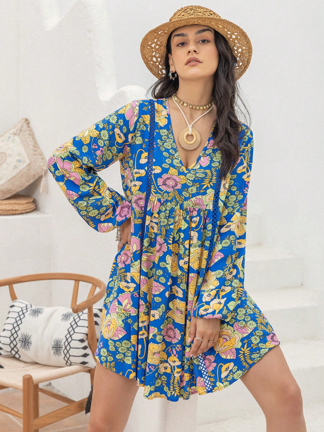 Printed V-Neck Balloon Sleeve Mini Boho Dress - Spirit and Rebel [Spirit and Rebel]   