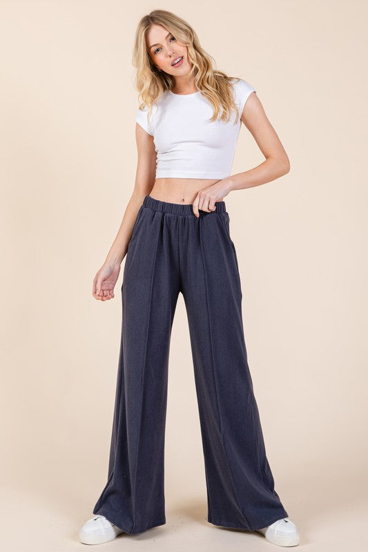 Elastic Waist Wide Leg Pants with Pockets [Spirit and Rebel] Navy S