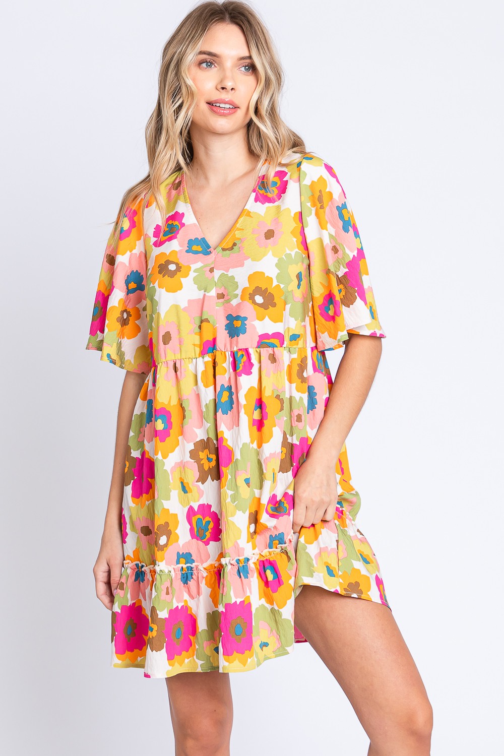 GeeGee Floral V-Neck Ruffle Hem Mini Dress [Spirit and Rebel] Floral S 