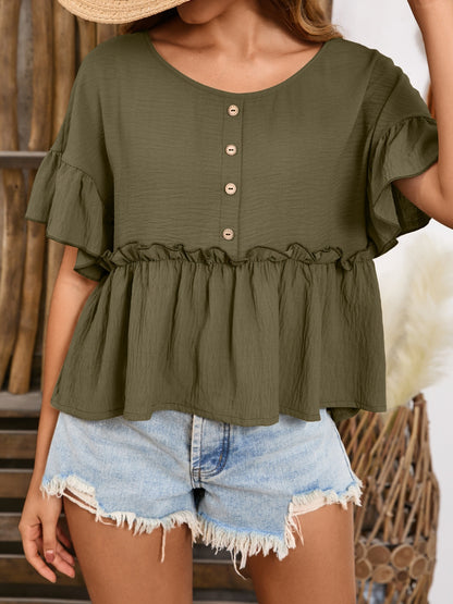 Frill Decorative Button Round Neck Half Sleeve Boho Blouse - Spirit and Rebel [Spirit and Rebel] Moss S 