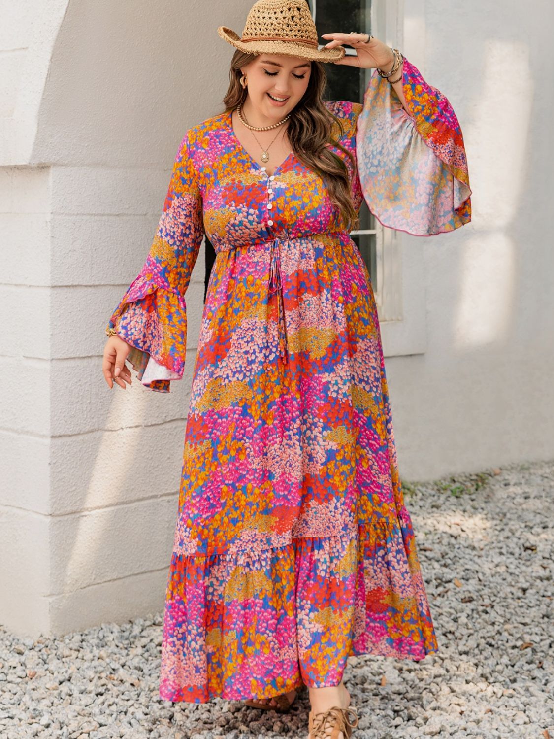 Plus Size Printed V-Neck Long Sleeve Maxi Dress - Spirit and Rebel [Spirit and Rebel]   