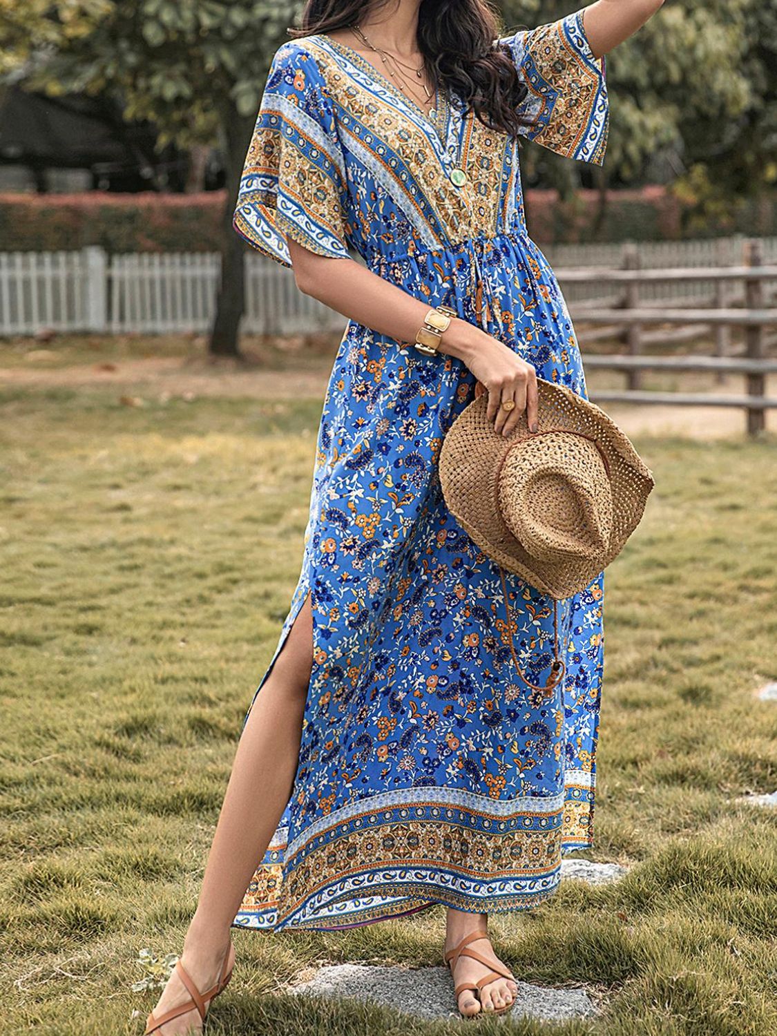 Slit Printed V-Neck Half Sleeve Maxi Boho Dress - Spirit and Rebel [Spirit and Rebel]   