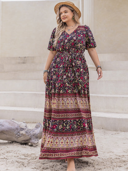 Plus Size Printed V-Neck Short Sleeve Maxi Dress - Spirit and Rebel [Spirit and Rebel]   