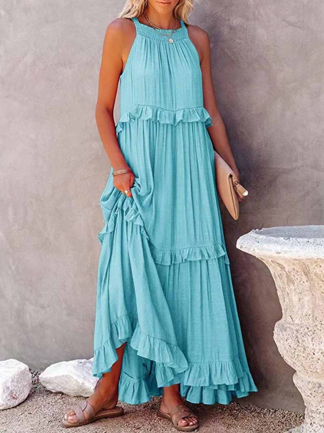 Ruffled Sleeveless Boho Maxi Dress with Pockets [Spirit and Rebel] Sky Blue S 