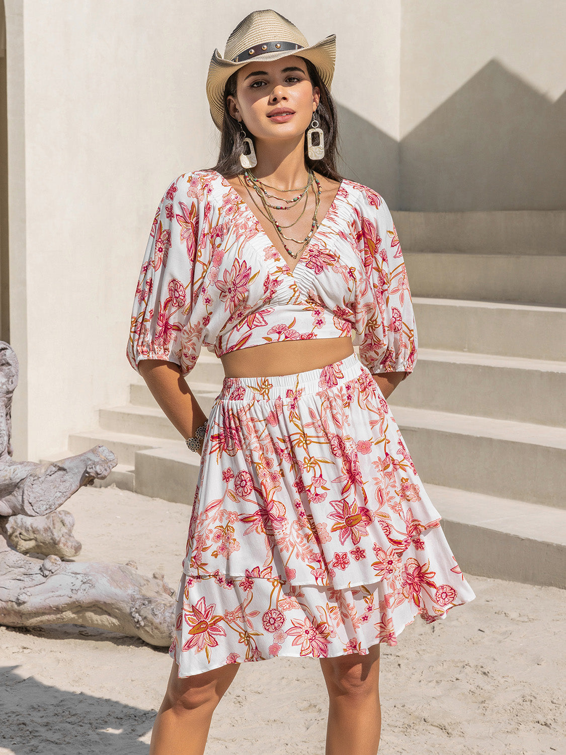 Printed Half Sleeve Boho Top and Layered Skirt Set - Spirit and Rebel [Spirit and Rebel]   