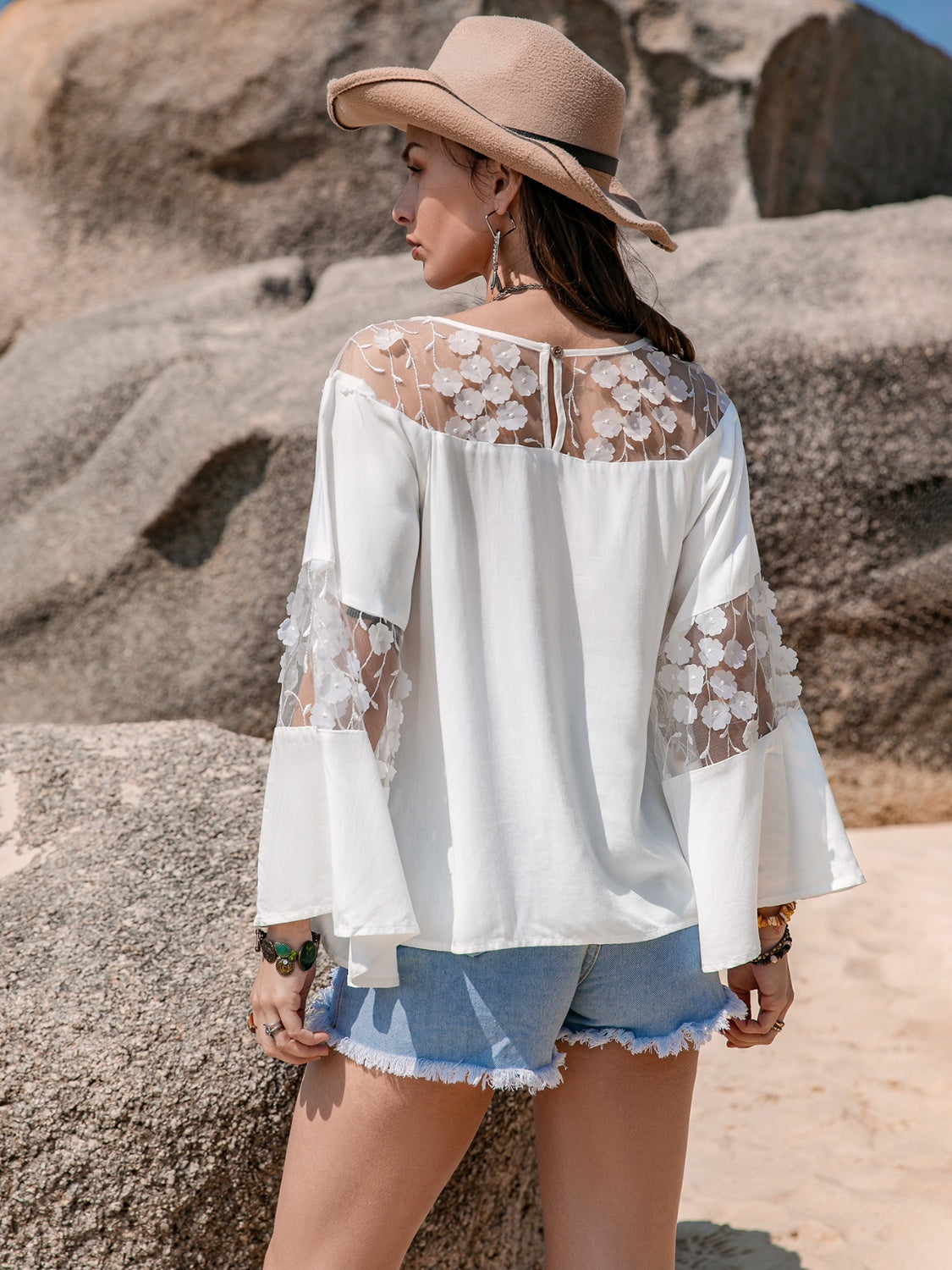 Lace Round Neck Long Sleeve Boho Blouse - Spirit and Rebel [Spirit and Rebel]   