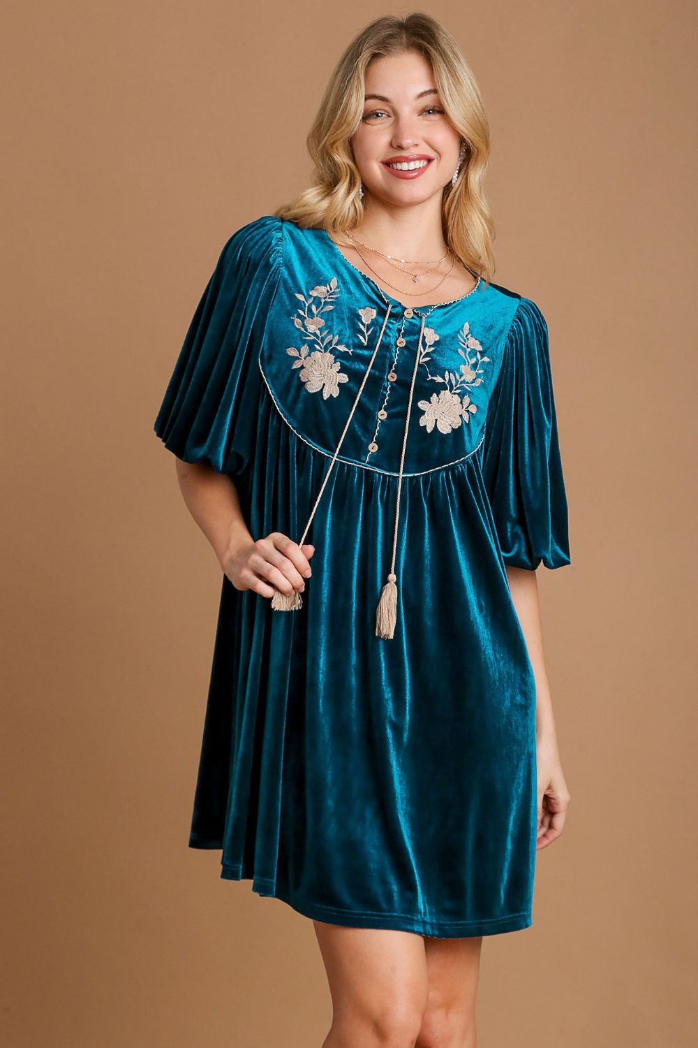 Embroidered Half Sleeve Velvet Mini Dress with Tassel [Spirit and Rebel] Deep Teal S