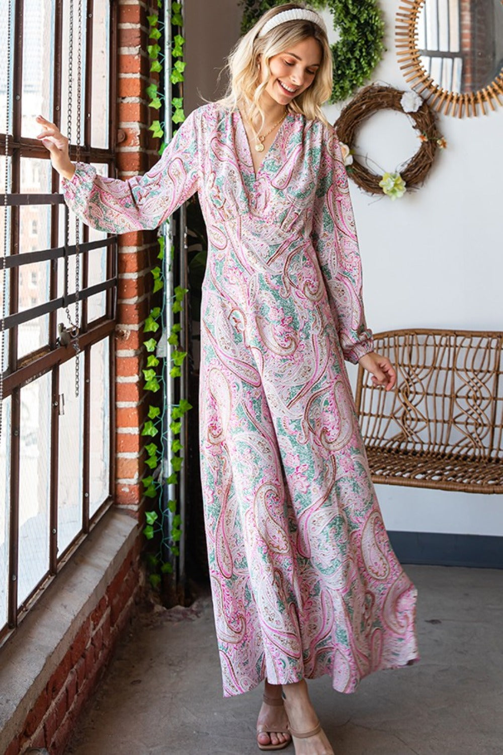 Paisley Print Tie-Back Long Sleeve Maxi Boho Dress - Spirit and Rebel [Spirit and Rebel]   