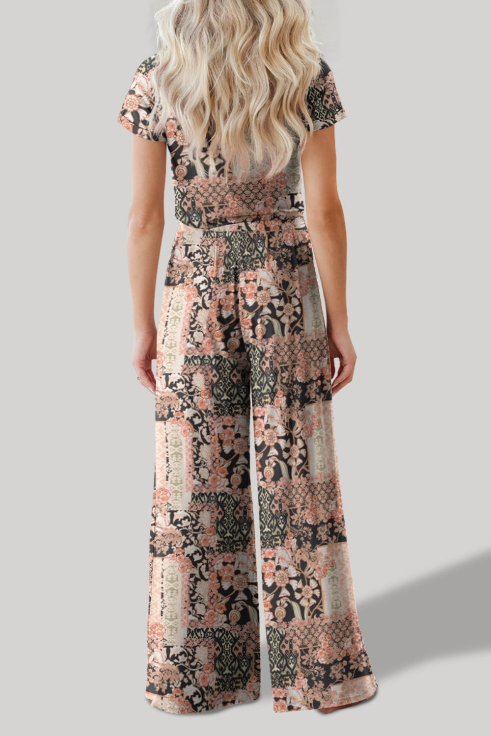 Printed Round Neck Short Sleeve Boho Top and Pants Set [Spirit and Rebel]   