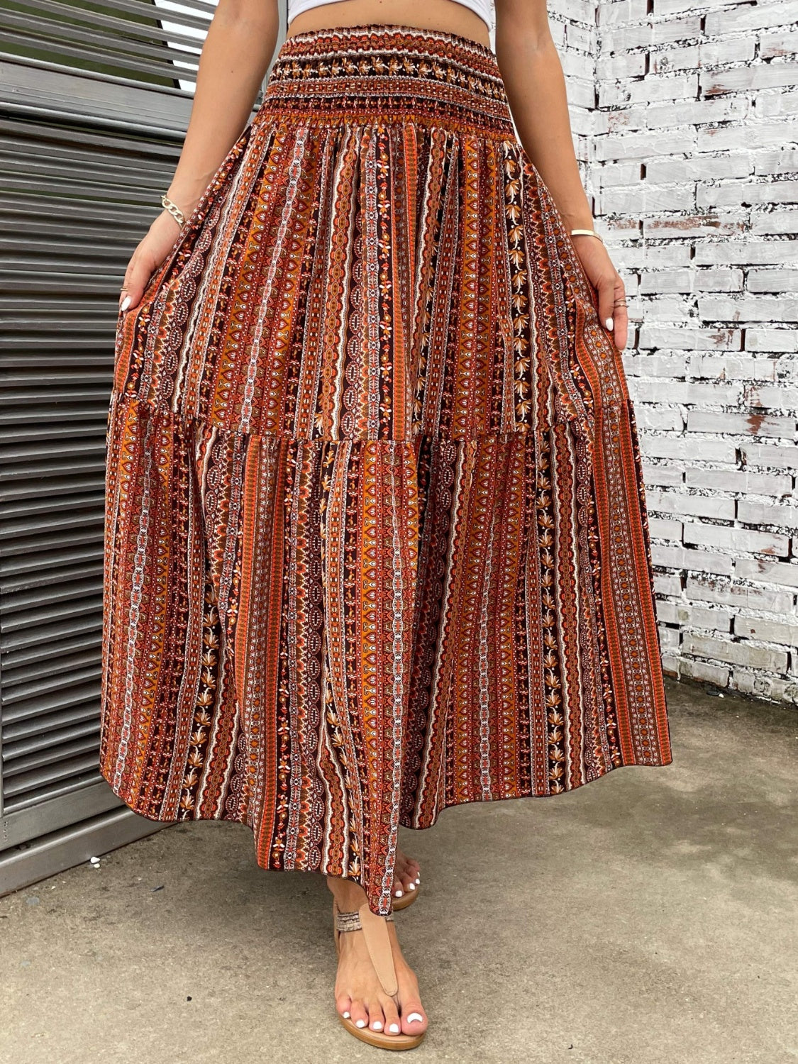 Printed Elastic Waist Maxi Skirt [Spirit and Rebel] Caramel S 