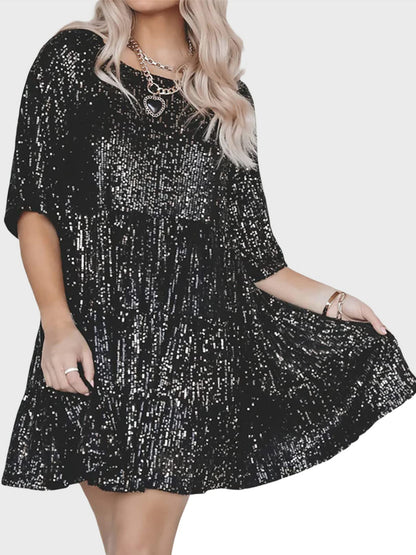 Plus Size Sequin Round Neck Half Sleeve Mini Boho Dress - Spirit and Rebel [Spirit and Rebel]   