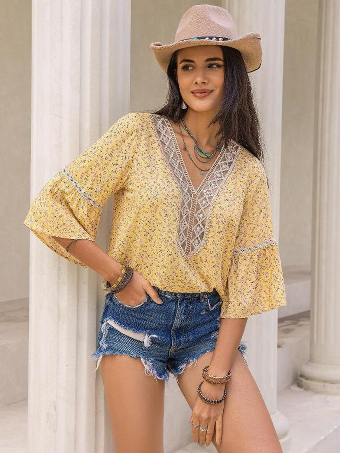 Ditsy Floral V-Neck Boho Blouse - Spirit and Rebel [Spirit and Rebel] Pastel Yellow S 