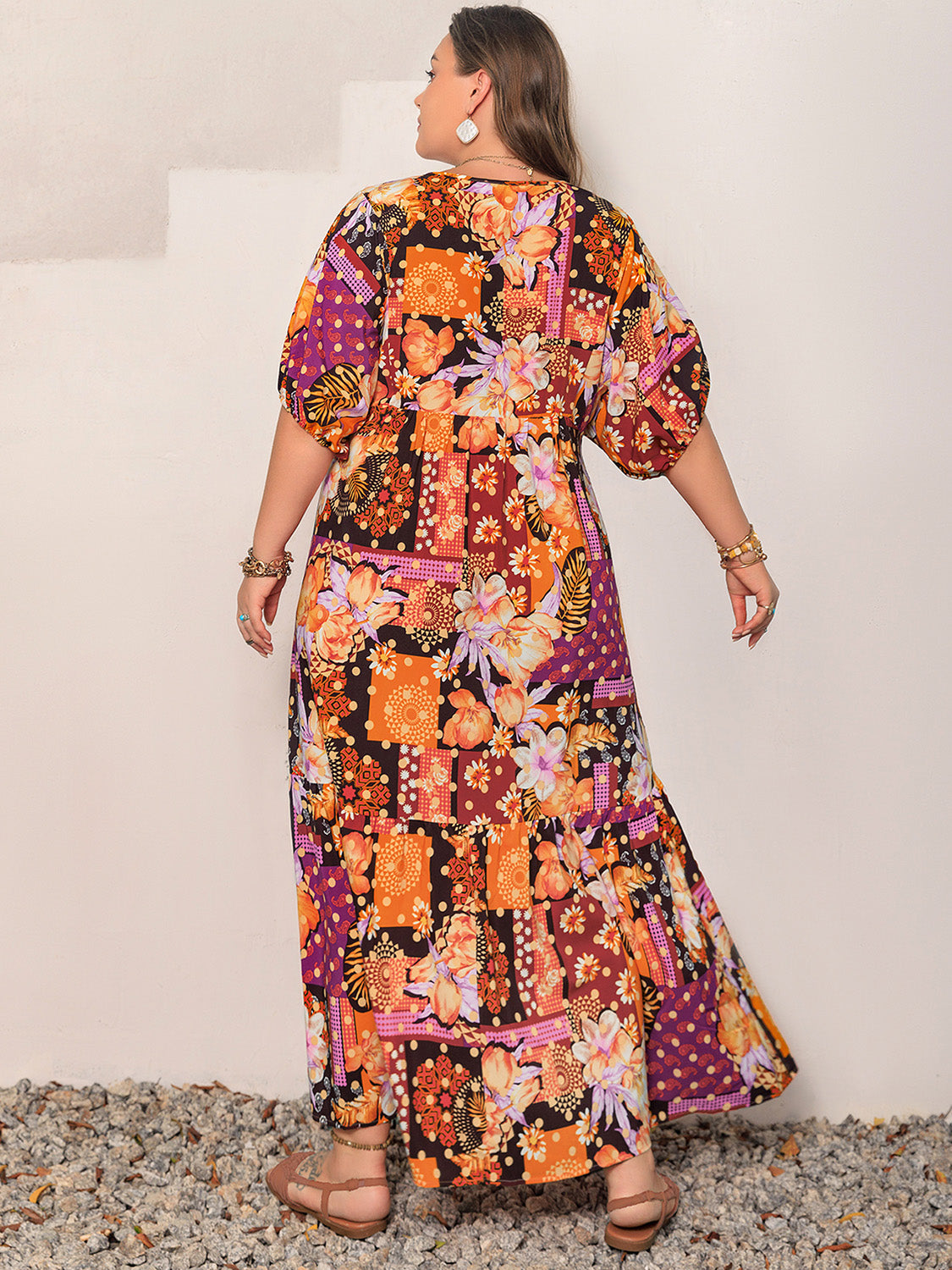 Plus Size Printed V-Neck Half Sleeve Maxi Boho Dress - Spirit and Rebel [Spirit and Rebel]   