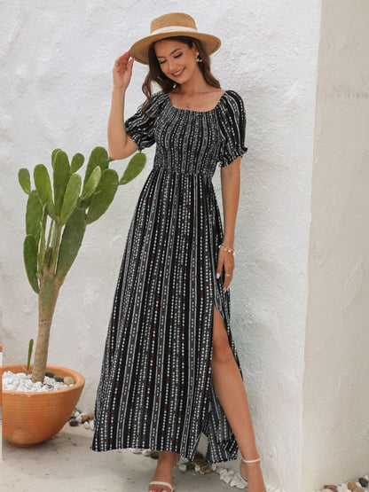 Slit Printed Short Sleeve Boho Dress [Spirit and Rebel]   