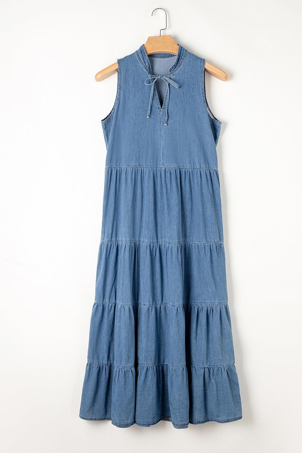 Tie Neck Sleeveless Denim Boho Dress - Spirit and Rebel [Spirit and Rebel] Light L 