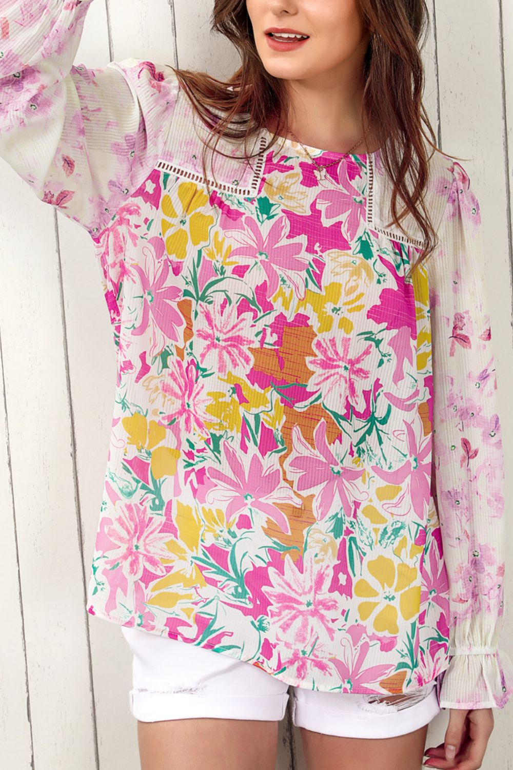 Floral Round Neck Flounce Sleeve Blouse [Spirit and Rebel]