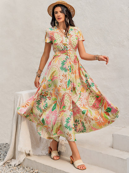 Printed V-Neck Short Sleeve Midi Boho Dress - Spirit and Rebel [Spirit and Rebel] Pastel Yellow S 