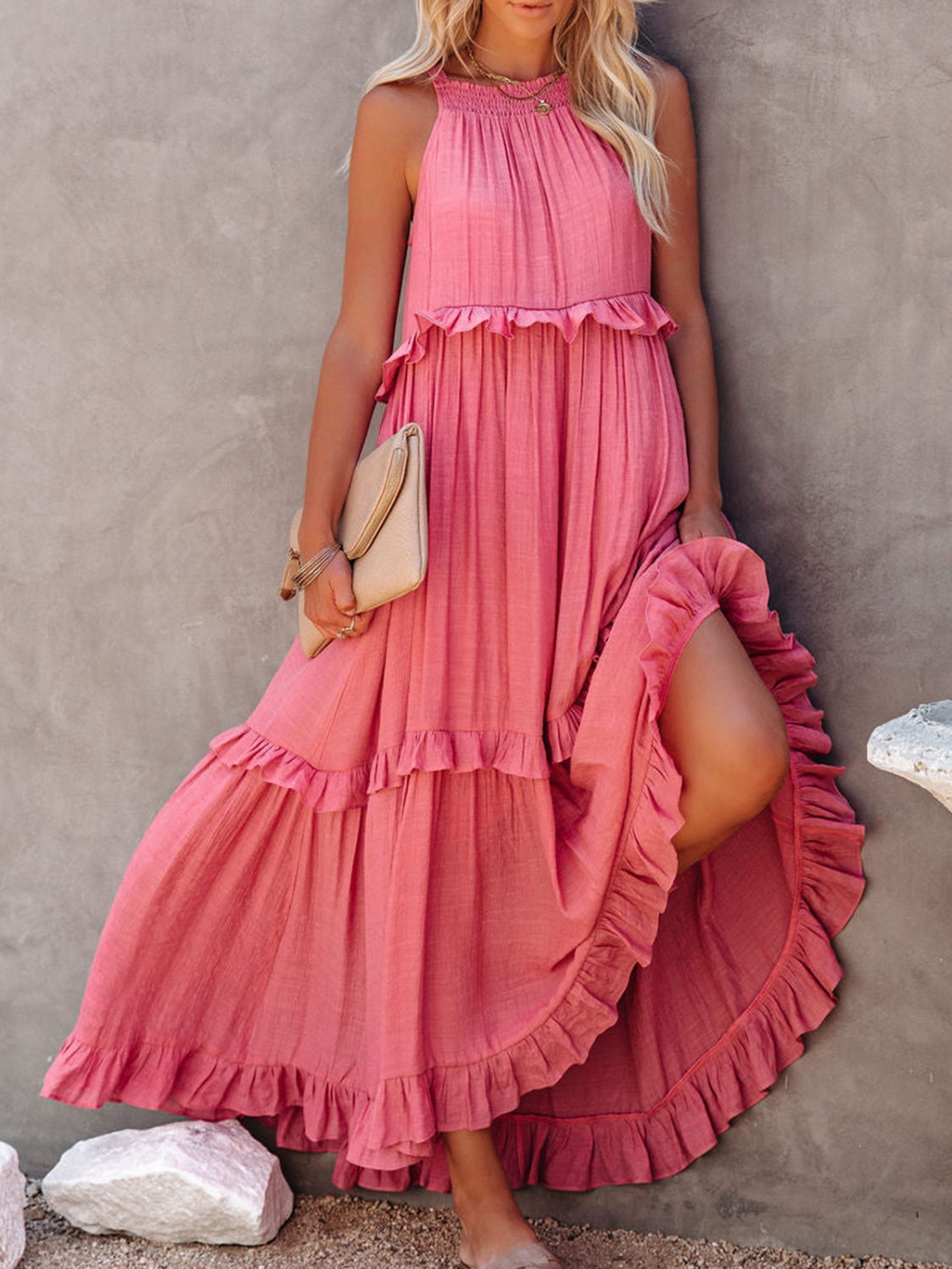 Ruffled Sleeveless Boho Maxi Dress with Pockets [Spirit and Rebel] Burnt Coral S 