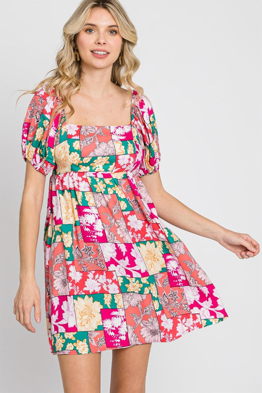 Floral Ruff Sleeve Mini Boho Dress - Spirit and Rebel [Spirit and Rebel] Fuchsia S 