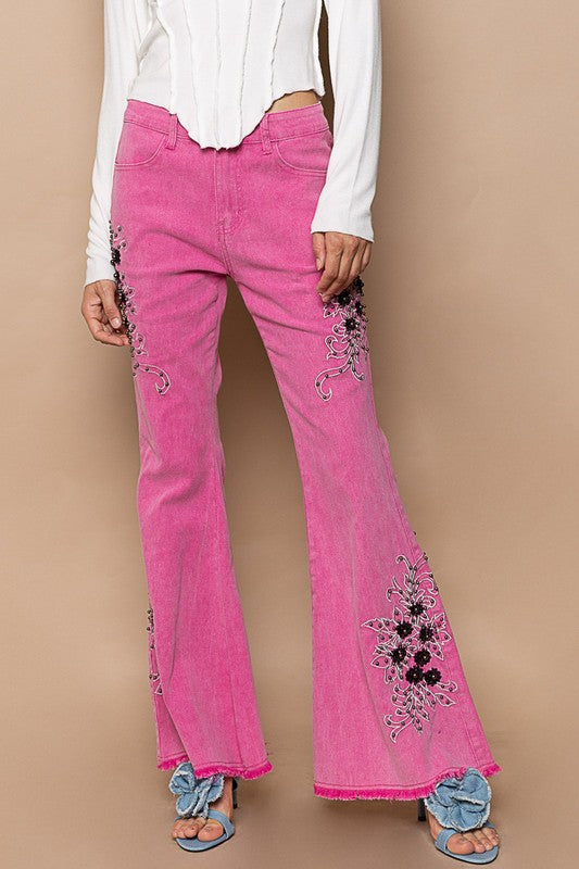 Raw Hem Embroidered Flare Pants [Spirit and Rebel] Hot Pink S